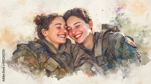 Obraz na płótnie Two soldiers smiling together, showcasing strong bond and joy. Their camaraderie is evident in this heartwarming moment, reflecting friendship and support w salonie