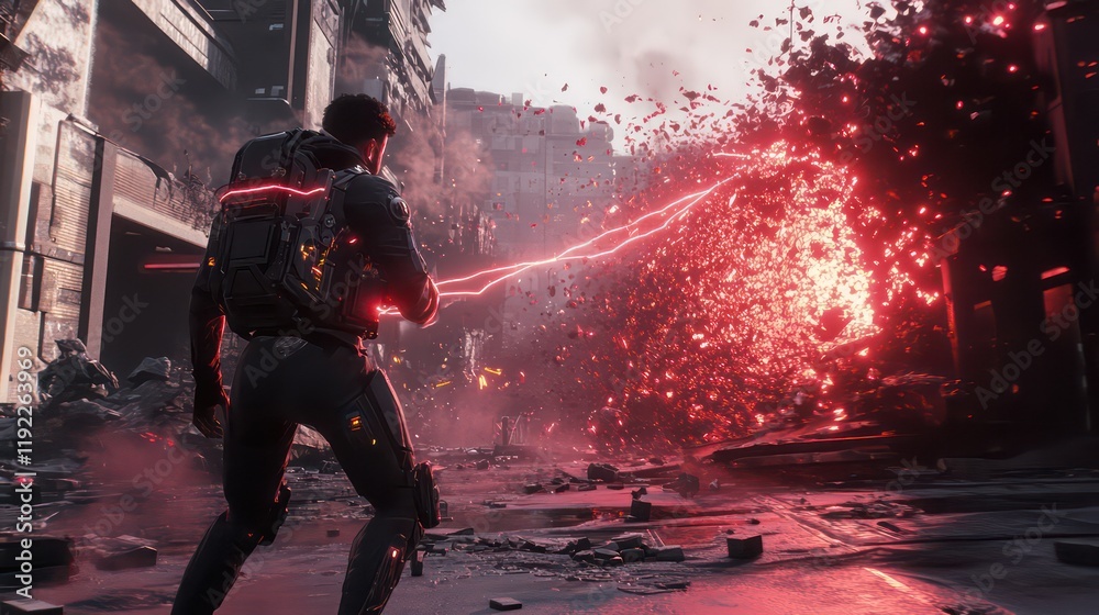 Futuristic Armored Warrior Running Through Explosive Fire, Armored Soldier Amidst Explosions – Futuristic Sci-Fi Battlefield Action Scene