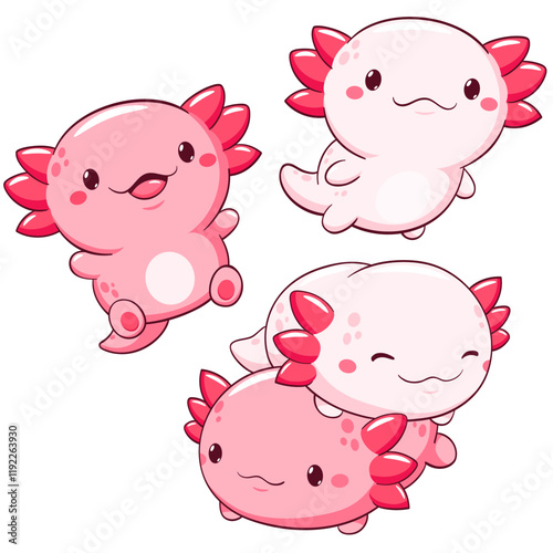 Set of axolotl in kawaii style. Lovely axolotl baby in different poses. Cute axolotl expression sheet collection. Can be used for t-shirt print, sticker, greeting card. Vector illustration EPS8