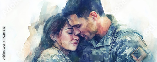 Obraz na płótnie Soldier embracing loved one, showcasing deep connection and emotion. warmth of their bond is evident in this touching moment, highlighting love and support during challenging times w salonie