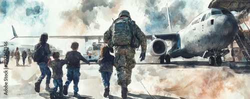 soldier walks with children towards military plane, symbolizing reunion and hope. scene captures poignant moment of family connection amidst backdrop of aircraft and clouds