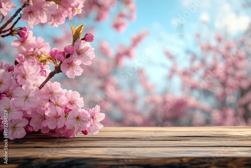 Spring wooden table with blooming cherry blossoms under blue sky, a blurred backdrop for product display