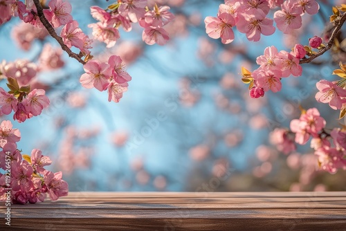 Spring wooden table with blooming cherry blossoms under blue sky, a blurred backdrop for product display