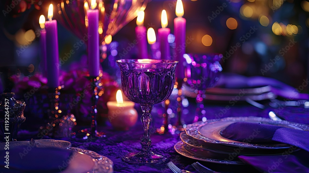 A beautifully set dining table adorned with a purple tablecloth. A beautifully set dining table adorned with a purple tablecloth.
