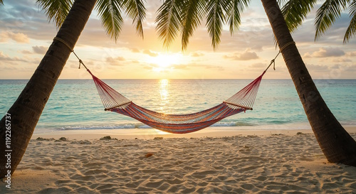 A serene tropical beach with crystal-clear water, white sand, and a hammock tied between two palm trees at sunset, evoking relaxation and wanderlust. photo