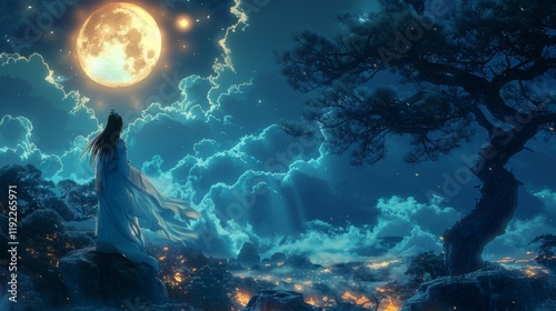 Mythical creatures. Japan myth. Tsukuyomi-no Mikoto, serene god of the moon, traverses celestial expanse, his ethereal glow illuminating the night sky. moon god in Japanese mythology photo
