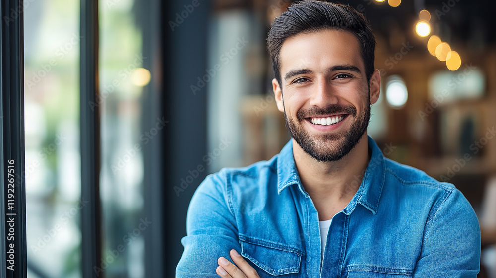 Fototapeta premium Confident man in denim shirt at workspace. Perfect for creative professional and startup culture
