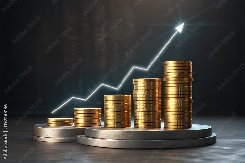 Photo 3D rendering of a financial growth concept, featuring golden coins stacked and an upward glowing arrow, highlights the concept of wealth accumulation and investment success. Photo 3D rendering of a financial growth concept, featuring golden coins stacked and an upward glowing arrow, highlights the concept of wealth accumulation and investment success.