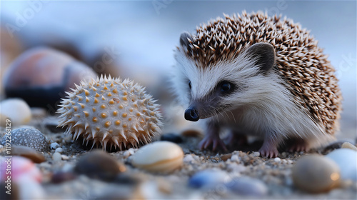 A hedgehog playing with a sea urchin on the beach.