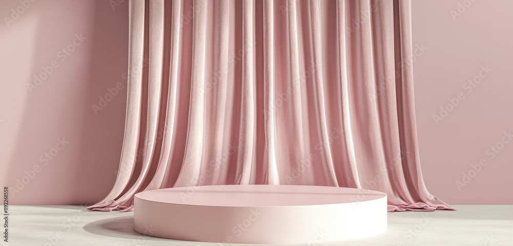 Elegant pink podium with a curtain, perfect for showcasing beauty products in 3D render. Elegant pink podium with a curtain, perfect for showcasing beauty products in 3D render.
