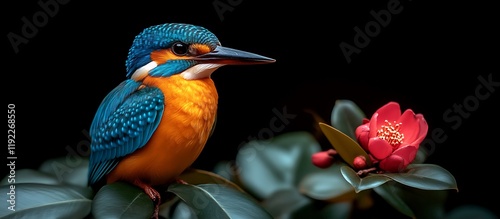 Vibrant Kingfisher and Camellia: A Darkly Romantic Nature Study photo