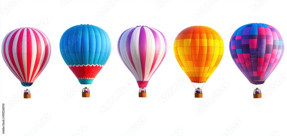 Obraz premium Whimsical hot air balloons with unique patterns floating over a scenic countryside landscape at sunrise, capturing a sense of wonder