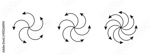 Radial spiral arrow icons set. Line centrifuge concentric arrows. Motion spin swirl lines. Expand burst icon. Vector illustrations isolated on white background.