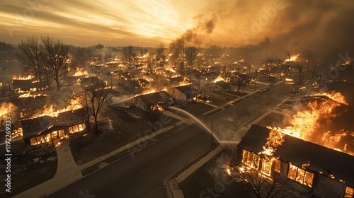 Neighborhood engulfed in flames during massive fire with smoke and destruction showing urban vulnerability to disasters