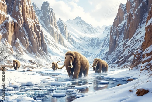 Woolly mammoths walking through a frozen river surrounded by snow-covered cliffs, icy terrain, and a clear winter sky. Concept of prehistoric wildlife. Ai generative