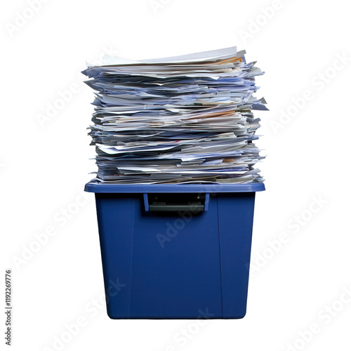 Organizing paperwork in a blue bin office space image with transparent background cluttered environment close-up view