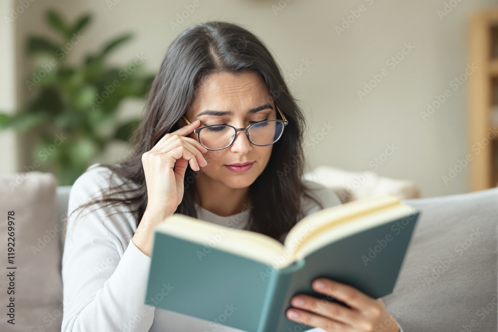 Fototapeta premium A thoughtful woman adjusting her glasses while reading a book, sitting on a couch in a bright living room. Calm and intellectual atmosphere. Ai generative