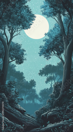 The image depicts a serene night scene in a dense forest, with a large full moon illuminating the sky and a gently lit pathway through the trees