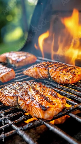 Grilled salmon fillets sizzling over an open flame, showcasing a vibrant outdoor cooking scene.