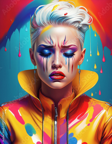 A drawn and bright, clear colored illustration of a sad woman