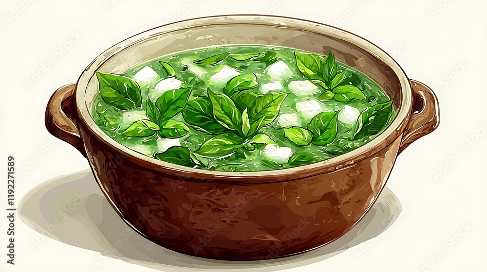 A rustic brown bowl brimming with a vibrant green basil and mozzarella soup. A rustic brown bowl brimming with a vibrant green basil and mozzarella soup.