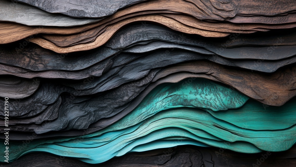 Obraz premium Abstract Background with Multicolored Wooden Texture in Wave Shapes, Featuring Dark Brown and Teal Hues