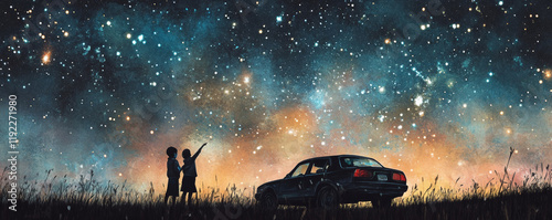 Obraz na płótnie Children pointing at stars under starry sky with parked car nearby, creating magical and adventurous atmosphere filled with wonder and curiosity w salonie