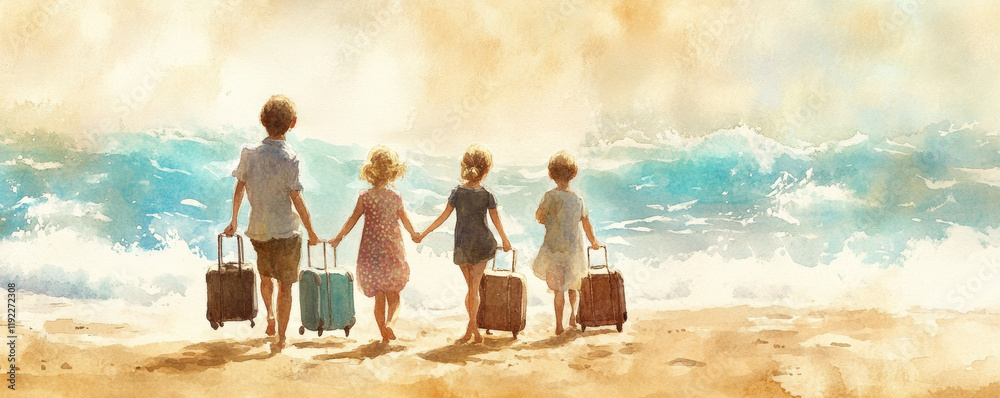 Children dragging their small suitcases along beach, enjoying sunny day by ocean. Their excitement is palpable as they head towards waves