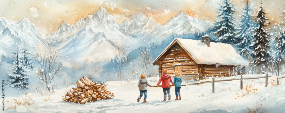 Children carrying firewood in snowy landscape with mountains and cabin. scene captures warm, family moment amidst winter beauty