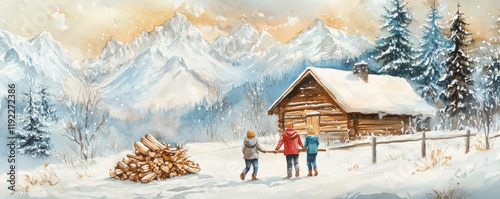 Obraz na płótnie Children carrying firewood in snowy landscape with mountains and cabin. scene captures warm, family moment amidst winter beauty w salonie