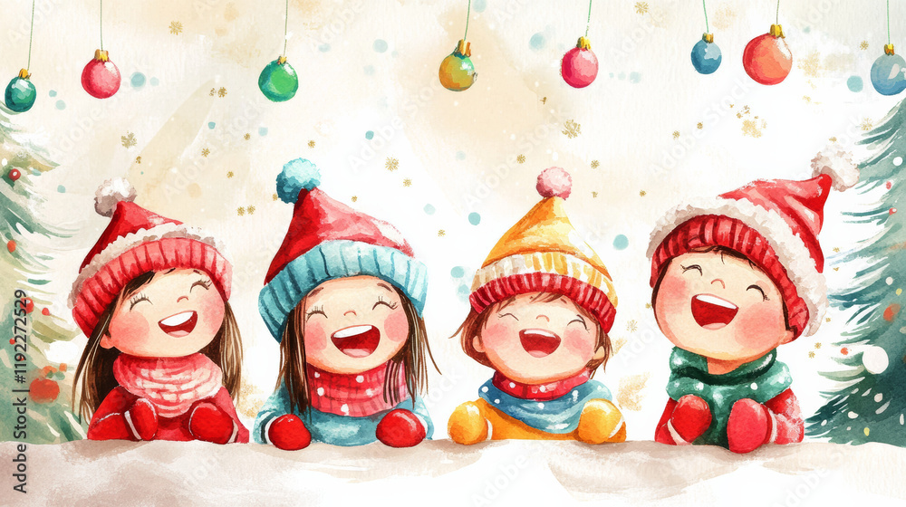 Children wearing colorful hats and scarves, joyfully celebrating festive season with bright smiles and holiday decorations in background