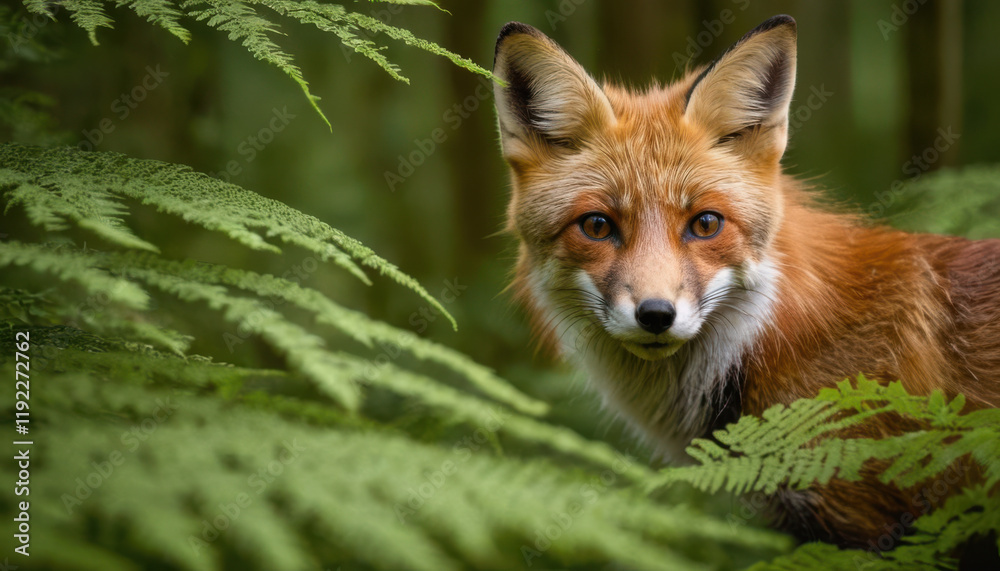 Fototapeta premium Red fox peeking through tall ferns in a dense forest with sunlight filtering through the canopy