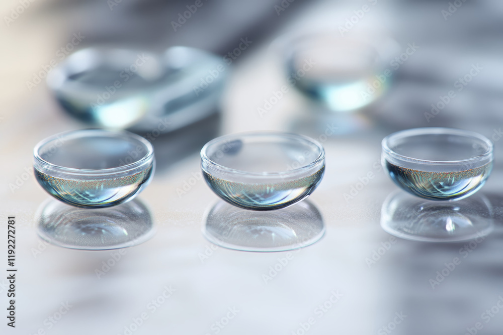 Clear vision essentials: contact lenses on a reflective surface for eye care and hygiene