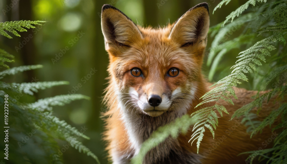 Fototapeta premium Red fox peeking through tall ferns in a dense forest with sunlight filtering through the canopy