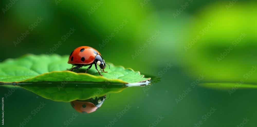 Obraz premium Ladybug on green leaf, reflection in still water, details, spring, summer