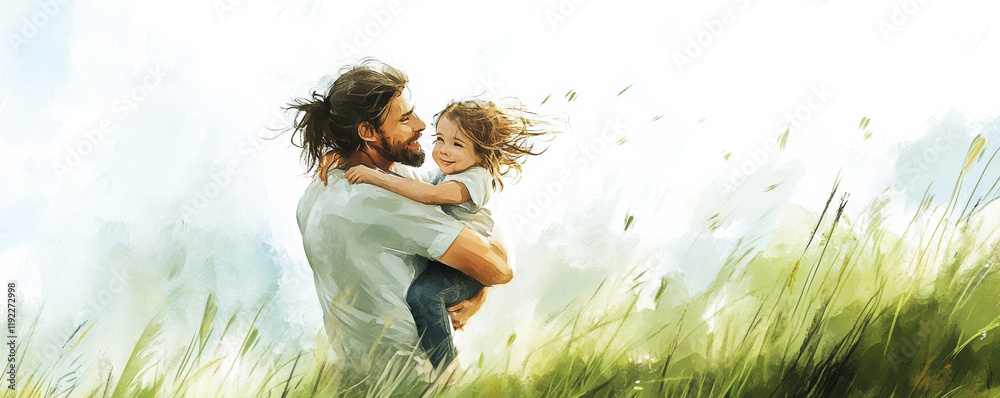 Father carrying daughter on grassy hilltop, joyful moment shared, sunlight illuminating their smiles, surrounded by nature beauty and gentle breeze