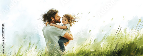 Obraz na płótnie Father carrying daughter on grassy hilltop, joyful moment shared, sunlight illuminating their smiles, surrounded by nature beauty and gentle breeze w salonie
