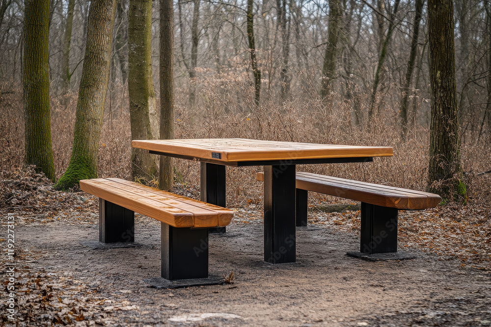 A wooden picnic table with benches in a serene forest setting. A wooden picnic table with benches in a serene forest setting.
