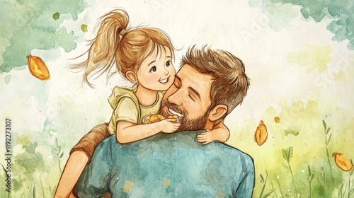 Obraz na płótnie joyful daughter feeds her father snack while riding on his shoulders, surrounded by vibrant, nature inspired background. This heartwarming moment captures love and connection w salonie