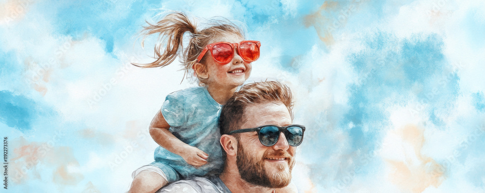 Father and daughter enjoying sunny day outdoors, with girl wearing bright sunglasses and sitting on her dad shoulders, both smiling joyfully