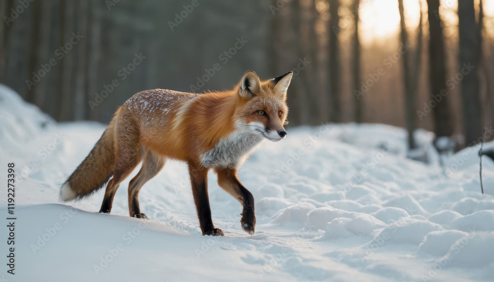 Obraz premium Red fox mid-stride on snowy forest path with delicate pawprints and crisp lighting