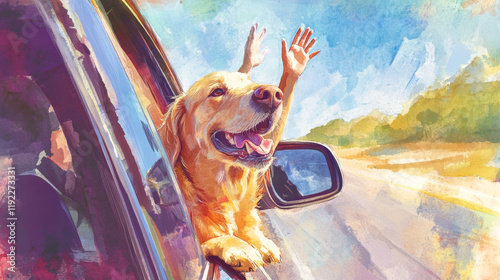 Golden Labrador joyfully hanging out of car window, with hands waving in air, capturing essence of freedom and happiness on sunny day