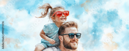 Obraz na płótnie Father and daughter enjoying sunny day outdoors, with girl wearing bright sunglasses and sitting on her dad shoulders, both smiling joyfully w salonie