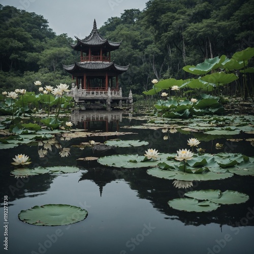 A tranquil lake with white lotus flowers and a small pagoda on its edge.

