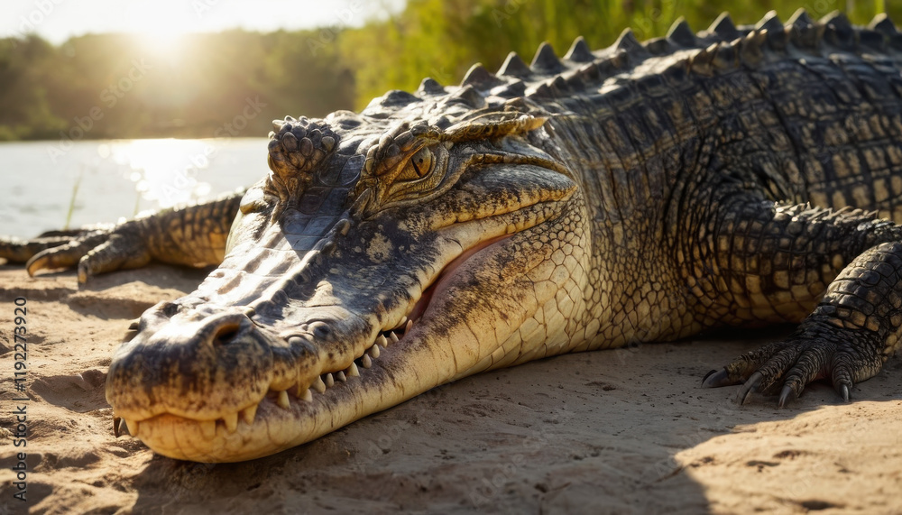 Fototapeta premium Close-up of crocodile basking on riverbank with glistening textured skin under sunlight