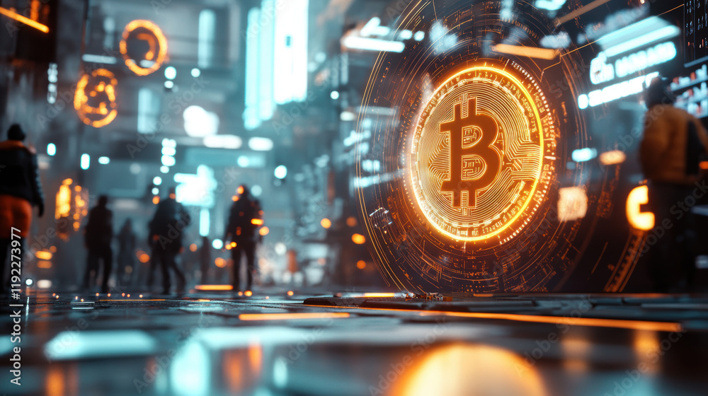 glowing Bitcoin hologram illuminates futuristic cityscape, surrounded by neon lights and silhouettes of people, symbolizing digital currency and blockchain technology glowing Bitcoin hologram illuminates futuristic cityscape, surrounded by neon lights and silhouettes of people, symbolizing digital currency and blockchain technology