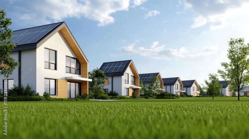 Architect project concept. Modern homes with solar panels in a green landscape under a clear blue sky. Architect project concept. Modern homes with solar panels in a green landscape under a clear blue sky.