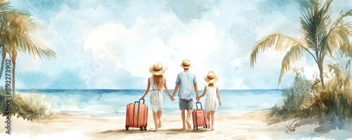 Obraz na płótnie family walking on beach with suitcases, enjoying vacation. scene captures sunny day with palm trees and serene ocean view, evoking feelings of joy and togetherness w salonie