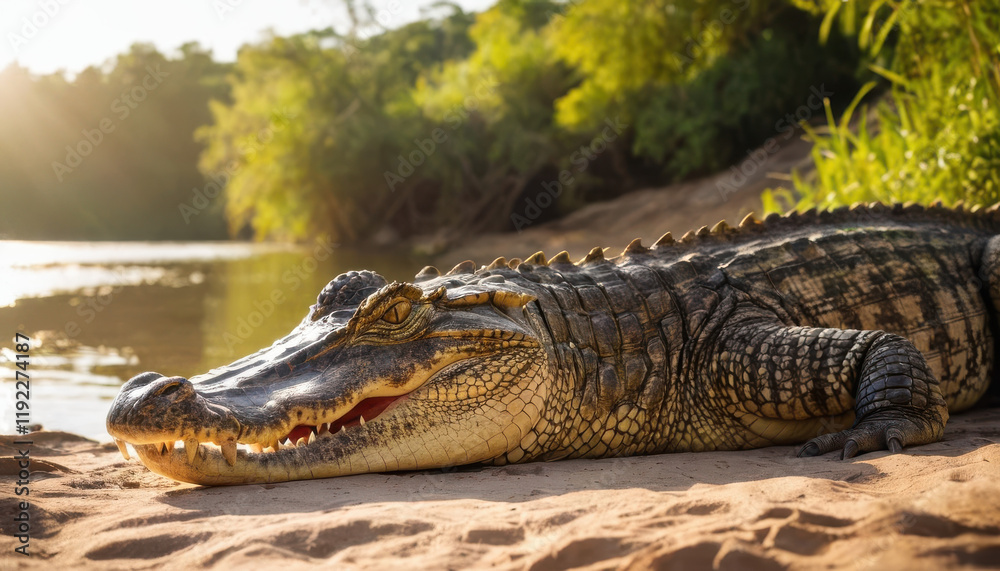 Obraz premium Close-up of crocodile basking on riverbank with glistening textured skin under sunlight