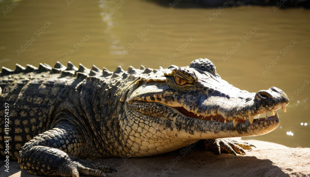 Close-up of crocodile basking on riverbank with glistening textured skin under sunlight Close-up of crocodile basking on riverbank with glistening textured skin under sunlight